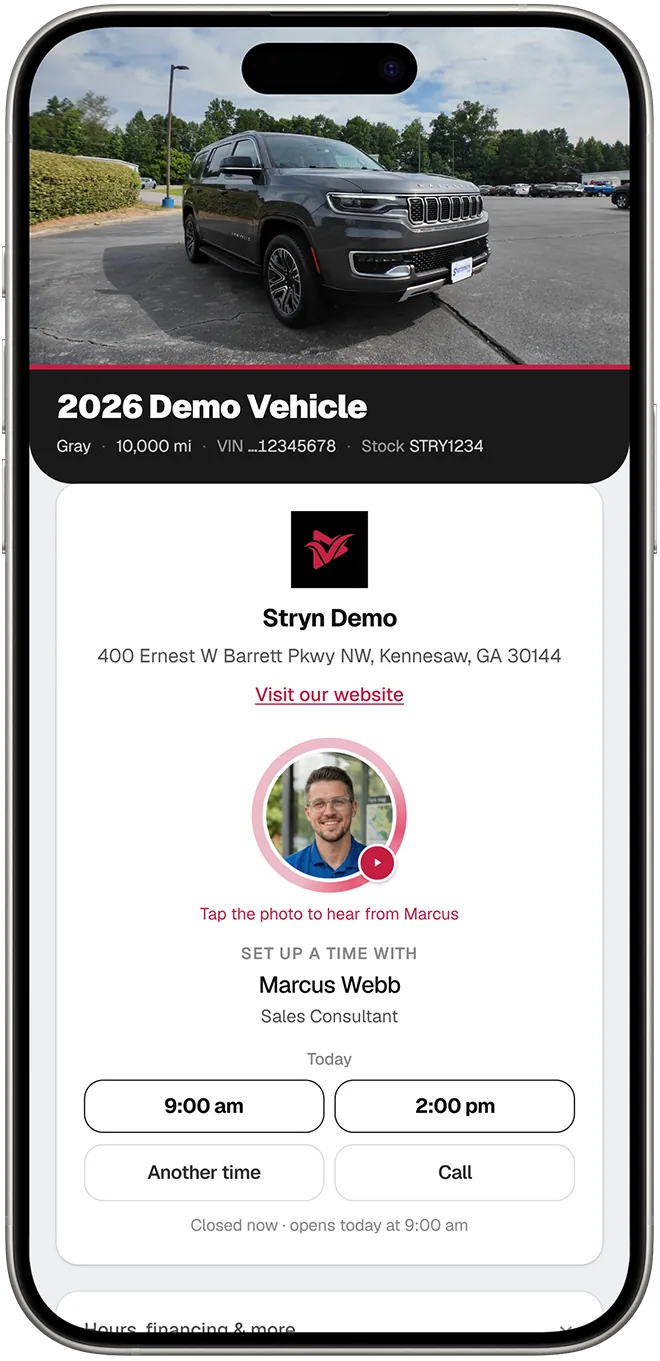 The Stryn vehicle page on a phone, with the rep's photo and two appointment times